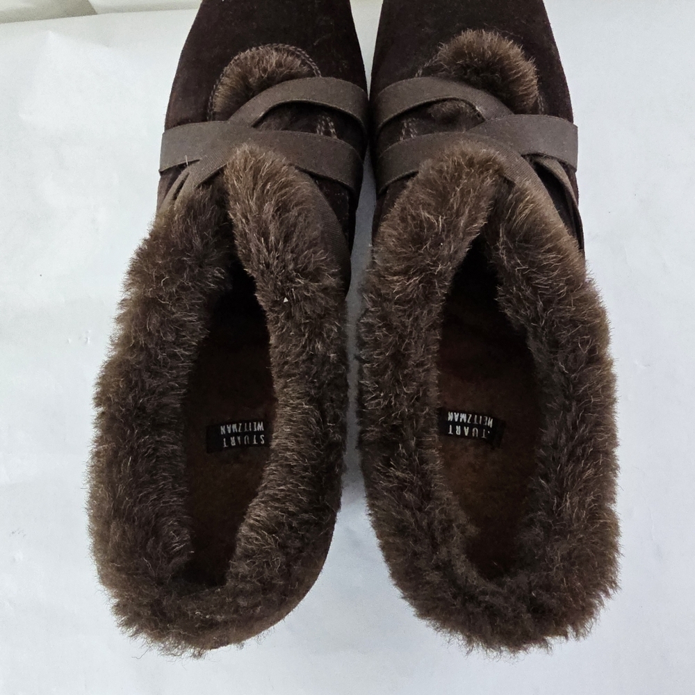 Stuart Weitzman Chocolate Brown Fur-Lined Oxford Low Top Moccasin Bootie 10.5 - Picture 7 of 9
